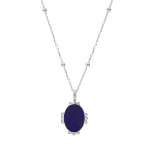 Collier en argent rhodi chane avec mdaille ovale 14mm perle pierre naturelle Lapis Lazulli 38+5cm - Vue 2