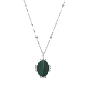 Collier en argent rhodi chane avec mdaille ovale 14mm perle pierre naturelle Malachite 38+5cm - Vue 2