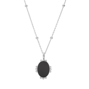 Collier en argent rhodi chane avec mdaille ovale 14mm perle pierres naturelles Agate noire 38+5cm - Vue 2