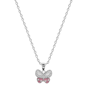 Collier en argent rhodi chane avec pendentif papillon pav d\'oxydes blancs et couleur rose 42+3cm - Vue 2
