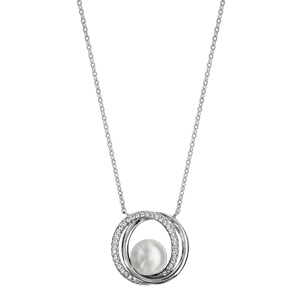 Collier en argent rhodi chane avec pendentif 2 anneaux superposs dont 1 lisse et l\'autre orn d\'oxydes blancs sertis et avec 1 perle blanche synthtique au milieu - longueur 40cm + 4cm de rallonge - Vue 2