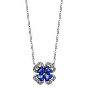 Collier en argent rhodi collection joaillerie chane avec pendentif trfle  4 feuilles en oxydes bleus avec contours en oxydes blancs sertis - longueur 40cm + 4cm de rallonge - Vue 2