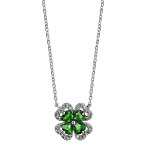 Collier en argent rhodi collection joaillerie chane avec pendentif trfle  4 feuilles en oxydes verts avec contours en oxydes blancs sertis - longueur 40cm + 4cm de rallonge - Vue 2