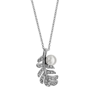 Collier en argent rhodié chaîne avec pendentif plume défaite ornée d\'oxydes blancs avec perle blanche synthétique sur la tige - longueur 40cm + 4cm de rallonge - Vue 2