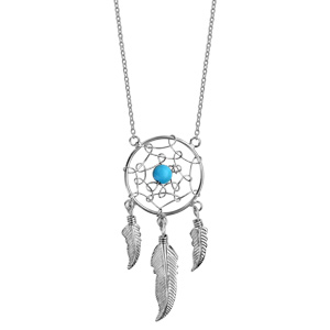 Collier en argent rhodi chane avec pendentif attrape rve de 18mm avec 1 boule turquoise au centre et 3 plumes suspendues - longueur 40cm + 5cm de rallonge - Vue 2