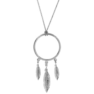 Collier en argent rhodié chaîne avec pendentif anneau avec 3 plumes suspendues - longueur 47cm - Vue 2