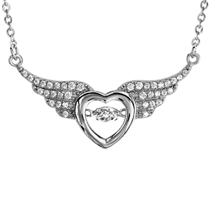 Collier Dancing Stone en argent rhodié chaîne avec pendentif coeur entre 2 ailes d\'ange ornées d\'oxydes blancs - longueur 41,5cm + 3cm de rallonge - Vue 2