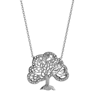 Collier en argent rhodi chane avec pendentif arbre de vie avec tour orn d\'oxydes blanc sertis - longueur 42cm + 3cm de rallonge - Vue 2