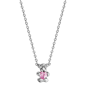 Collier pour enfant en argent rhodi chane avec pendentif ourson tenant 1 oxyde rose - longueur 36cm + 2cm de rallonge - Vue 2