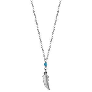 Collier en argent rhodi chane avec pendentif petite plume et 1 boule turquoise - longueur 37cm + 4cm de rallonge - Vue 2