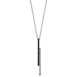 Collier en argent rhodi chane avec pendentif 2 btons superposs, 1 orn d\'oxydes blancs sertis et l\'autre d\'oxydes noirs - longueur 40cm + 4cm de rallonge - Vue 2