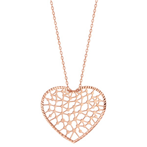 Collier en argent et dorure rose chaîne avec pendentif coeur ajouré en dentelle - longueur 40cm + 5cm de rallonge - Vue 2