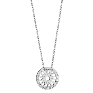 Collier en argent rhodi chane avec pendentif rond dcoup en mandres grecs sur le tour et soleil au milieu - longueur 40cm + 5cm de rallonge - Vue 2