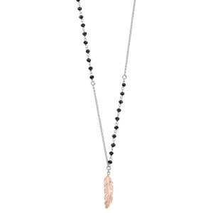 Collier en argent rhodi chane avec perles noires et 1 plume dorure rose 62+3cm - Vue 2