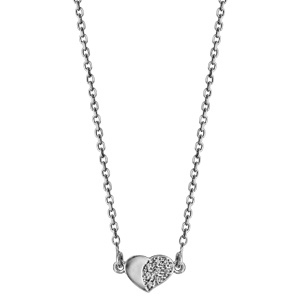 Collier en argent rhodi chane avec pendentif coeur dont 1 partie lisse et l\'autre orne d\'oxydes blancs - longueur 35cm + 5cm de rallonge - Vue 2