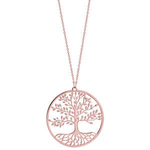 Collier en argent et dorure rose chaîne avec pendentif rond et arbre de vie de vie découpé à l\'intérieur - longueur 42cm + 3cm de rallonge - Vue 2
