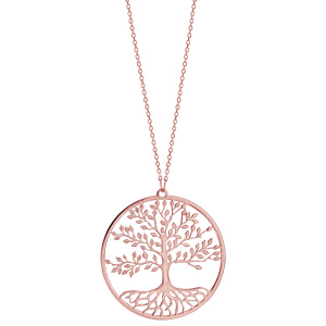 Collier en argent et dorure rose chane avec pendentif rond et arbre de vie de vie dcoup  l\'intrieur - longueur 42cm + 3cm de rallonge - Vue 2