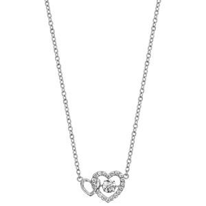 Collier Dancing Stone en argent rhodié chaîne avec pendentif 2 coeurs, 1 lisse et l\'autre orné d\'oxydes blancs sertis - longueur 41cm + 3cm de rallonge - Vue 2