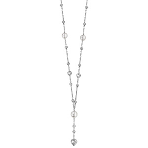 Collier en argent rhodi forme Y chane avec boules lisses, perles blanches eau douce et oxyde blanc en forme de coeur au bout 40cm + 5cm - Vue 2