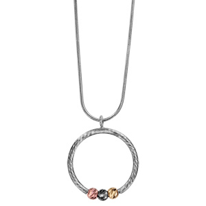 Collier en argent rhodié chaîne tube avec pendentif anneau agrémenté de 3 boules ciselées, 1 en PVD rose, 1 rhodiée noire et l\'autre en PVD jaune - longueur 42cm + 3cm de rallonge - Vue 2