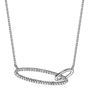 Collier en argent rhodié chaîne avec pendentif 2 anneaux ovales emmaillés, 1 lisse et l\'autre en oxydes blancs - longueur 40cm + 4cm de rallonge - Vue 2