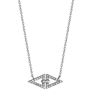 Collier en argent rhodi chane avec pendentif 2 triangles orns d\'oxydes blancs sertis et relis par une barrette lisse - longueur 40cm + 4cm de rallonge - Vue 2