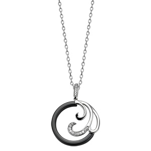 Collier en argent rhodié chaîne avec pendentif rond en céramique noire avec 3 vagues dont 1 ornée d\'oxydes blancs sertis - longueur 42cm + 3cm de rallonge - Vue 2