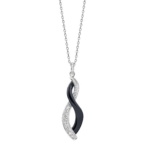 Collier en argent rhodi chane avec pendentif 2 rubans enrouls, 1 en cramique noire et l\'autre orn d\'oxydes blanc sertis - longueur 42cm + 3cm de rallonge - Vue 2