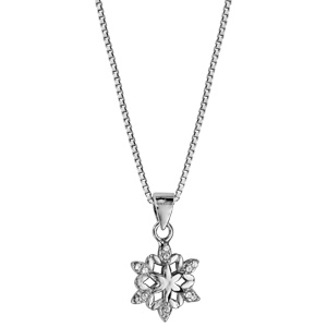 Collier en argent rhodi chane avec pendentif flocon de neige double lisse et orn d\'oxydes blancs sertis - longueur 42cm + 3cm de rallonge - Vue 2