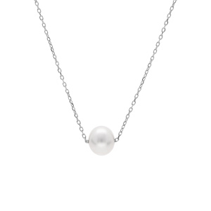 Collier en argent rhodi chane boule avec pendentif perle de culture d\'eau douce blanche longueur 41+5cm - Vue 2
