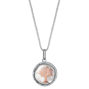 Collier en argent rhodi chane avec pendentif rond de 14mm en nacre blanche vritable avec arbre de vie rose et tour diamant - longueur 42cm + 3cm de rallonge - Vue 2