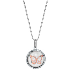 Collier en argent rhodi chane avec pendentif rond de 14mm en nacre blanche vritable avec papillon rose et tour diamant - longueur 42cm + 3cm de rallonge - Vue 2