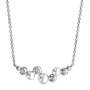 Collier en argent rhodi chane avec barrette d\'oxydes blancs sertis clos et perles blanches 42cm + 3cm - Vue 2