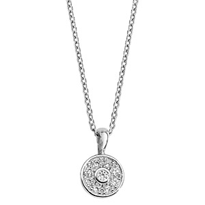 Collier en argent rhodi chane avec pendentif rond pav d\'oxydes blancs et 1 oxyde blanc serti clos au milieu - longueur 42cm + 3cm de rallonge - Vue 2