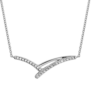 Collier en argent rhodi chane avec au milieu 3 brins courbs dont 1 lisse et 2 orns d\'oxydes blancs sertis - longueur 42cm + 3cm de rallonge - Vue 2