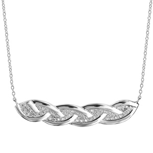 Collier en argent rhodié chaîne avec au milieu tresse avec bords lisses et intérieur pavé d\'oxydes blancs sertis - longueur 40cm + 4cm de rallonge - Vue 2