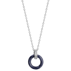 Collier en argent rhodi chane avec pendentif anneau en cramique bleu marine suspendue  1 anneau orn d\'oxydes blancs sertis - longueur 40cm + 5cm de rallonge - Vue 2