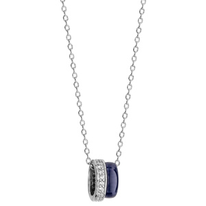 Collier en argent rhodi chane avec 2 anneaux, 1 en cramique bleu marine et 1 orn d\'oxydes blancs sertis - longueur 40cm + 5cm de rallonge - Vue 2