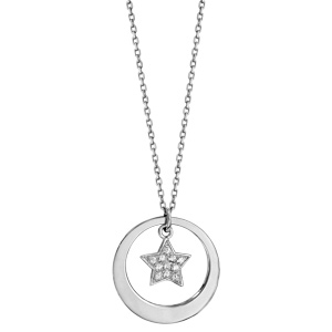 Collier en argent rhodi chane avec pendentif anneau prnom  graver et toile pave d\'oxydes blancs sertis suspendu - longueur 40cm + 5cm de rallonge - Vue 2