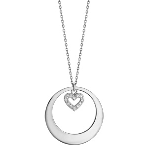 Collier en argent rhodi chane avec pendentif anneau prnom  graver et coeur d\'oxydes blancs suspendu - longueur 40cm + 5cm de rallonge - Vue 2