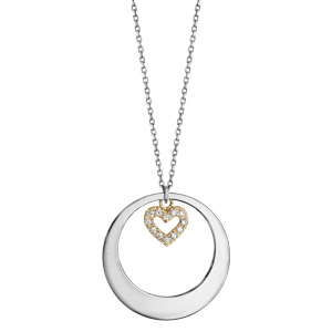 Collier en argent rhodi avec Pendentif anneau ajour et coeur en dorure jaune et oxydes blancs 42+3cm - Vue 2