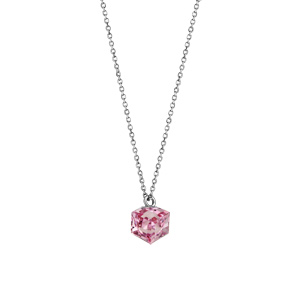 Collier en argent rhodi chane avec pendentif cube cristal rose 42cm + 3cm - Vue 2