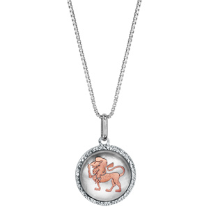 Collier en argent rhodi pendentif rond nacre blanche vritable zodiaque lion dorure rose 42cm + 3cm - Vue 2