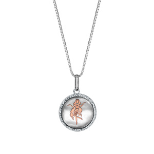 Collier en argent rhodi pendentif rond nacre blanche vritable zodiaque vierge dorure rose 42cm + 3cm - Vue 2