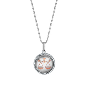 Collier en argent rhodi pendentif rond nacre blanche vritable zodiaque balance dorure rose 42cm + 3cm - Vue 2