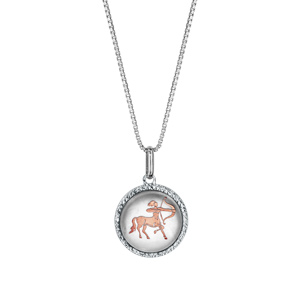 Collier en argent rhodi pendentif rond nacre blanche vritable zodiaque sagittaire dorure rose 42cm + 3cm - Vue 2