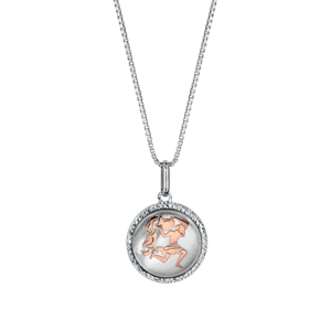 Collier en argent rhodi pendentif rond nacre blanche vritable zodiaque verseau dorure rose 42cm + 3cm - Vue 2