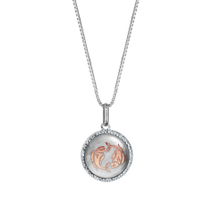 Collier en argent rhodi pendentif rond nacre blanche vritable zodiaque poissons dorure rose 42cm + 3cm - Vue 2