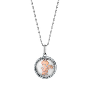 Collier en argent rhodi pendentif rond nacre blanche vritable Ange dorure rose 42cm + 3cm - Vue 2