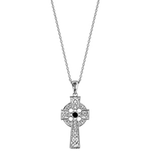 Collier en argent rhodié chaîne avec pendentif croix celtique ornée d\'1 pierre noire - longueur 42+3cm - Vue 2